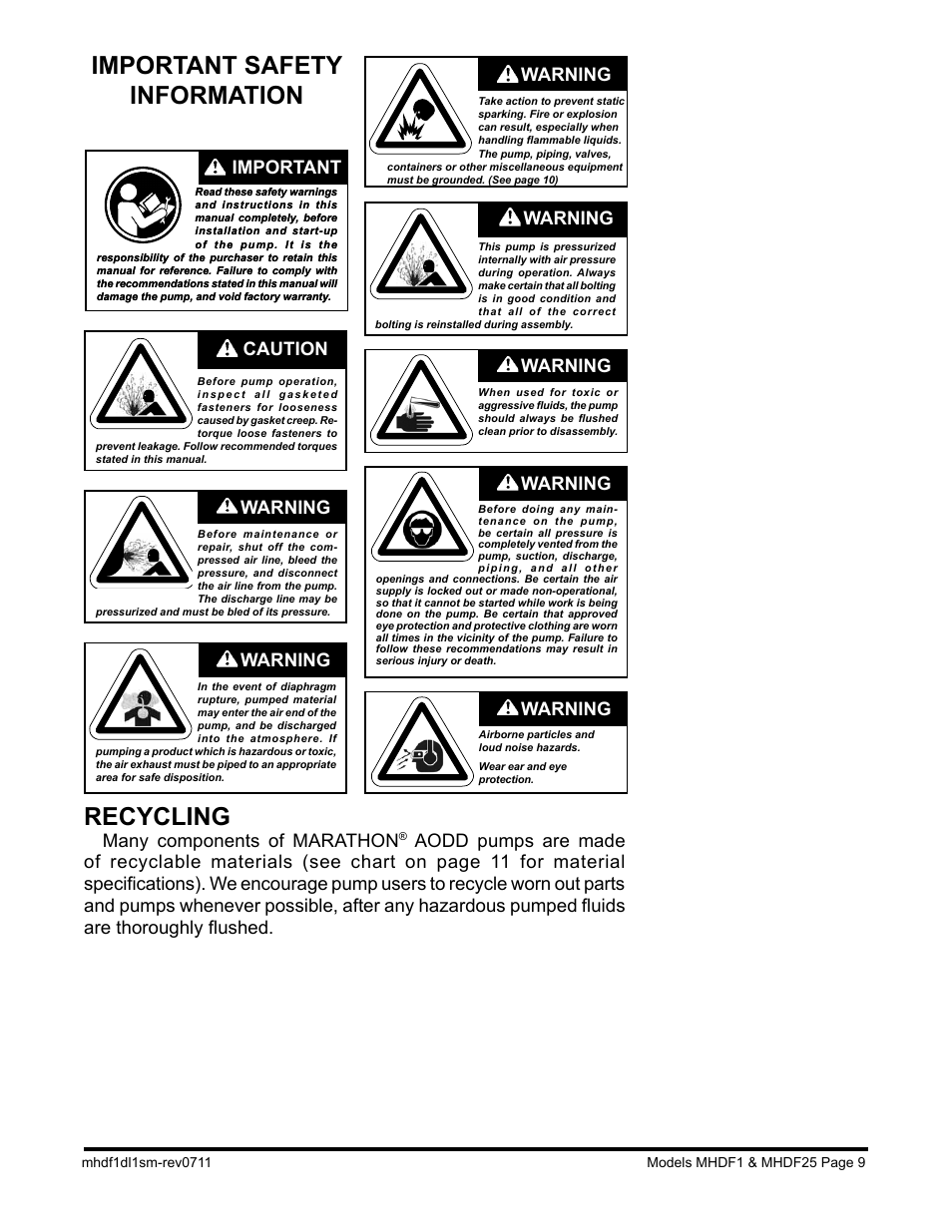 Important safety information, Recycling, Warning | Caution, Warning important, Many components of marathon | SANDPIPER MHDF25 User Manual | Page 11 / 19