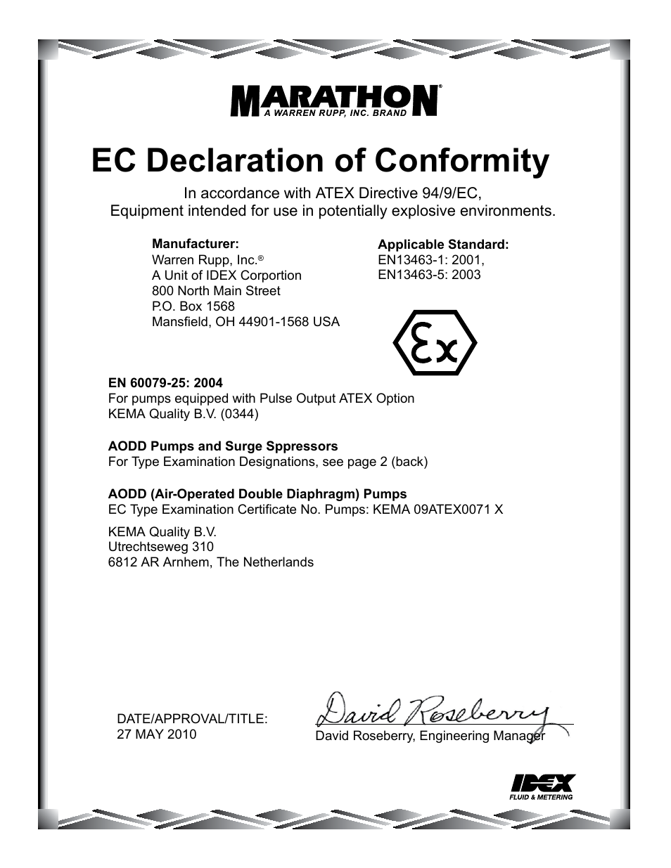 Ec declaration of conformity | SANDPIPER MHDF25 User Manual | Page 18 / 19