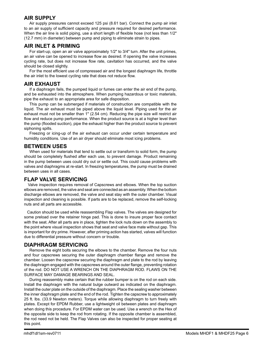 Air supply, Air inlet & priming, Air exhaust | Between uses, Flap valve servicing, Diaphragm servicing | SANDPIPER MHDF25 User Manual | Page 8 / 19