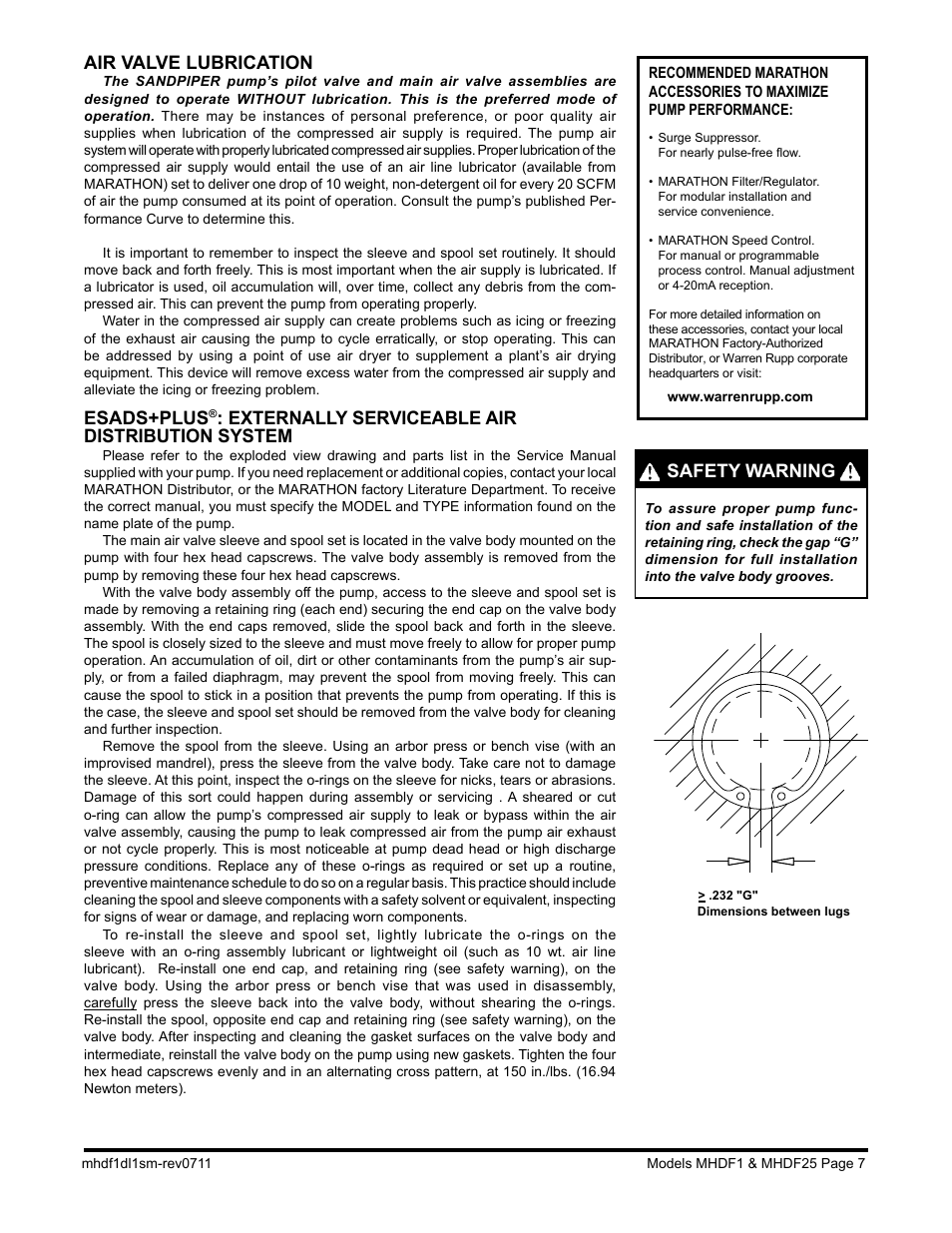 Air valve lubrication, Esads+plus, Externally serviceable air distribution system | Safety warning | SANDPIPER MHDF25 User Manual | Page 9 / 19