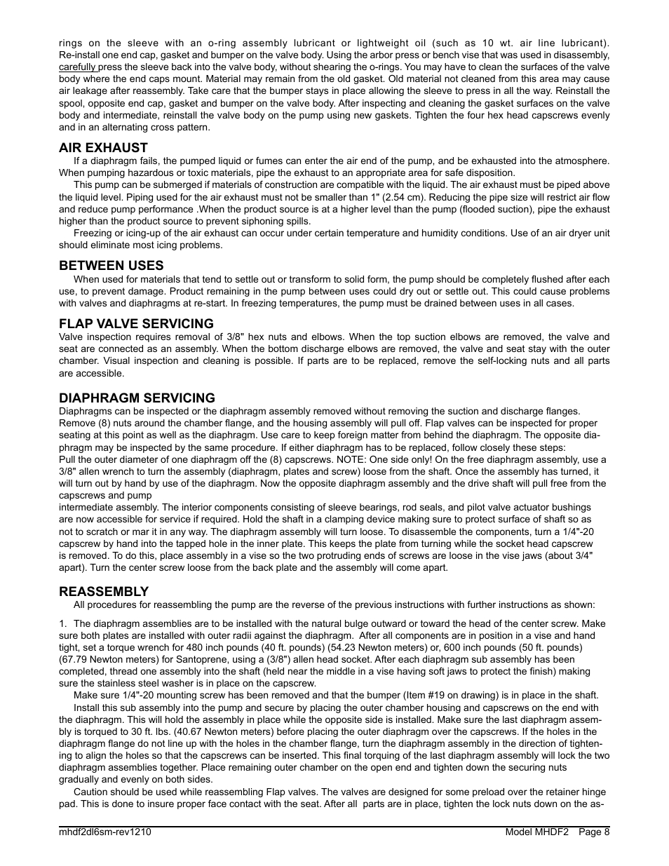 Air exhaust, Between uses, Flap valve servicing | Diaphragm servicing, Reassembly | SANDPIPER MHDF2 User Manual | Page 10 / 20