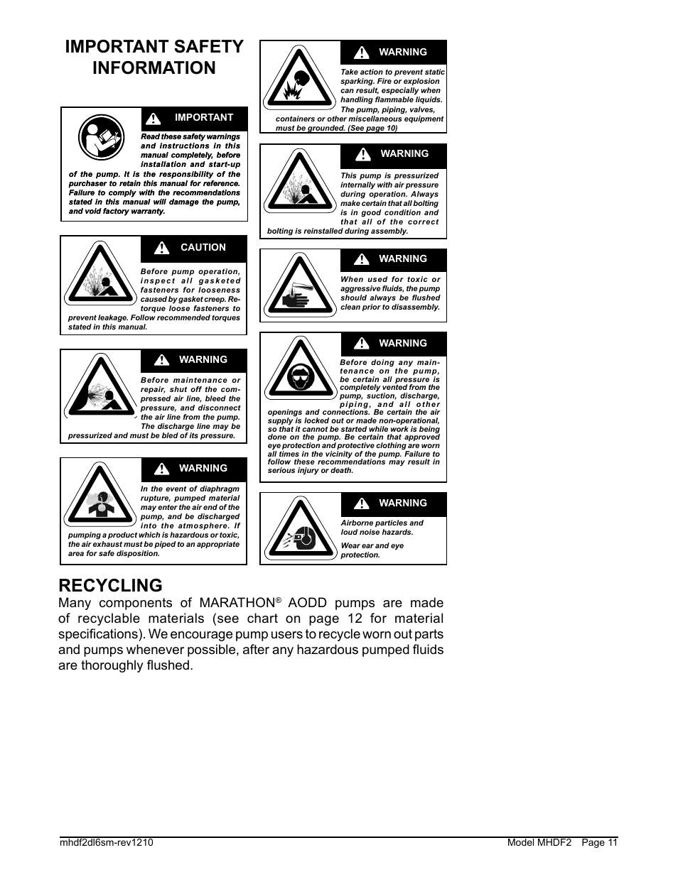 Important safety information, Recycling, Many components of marathon | SANDPIPER MHDF2 User Manual | Page 13 / 20