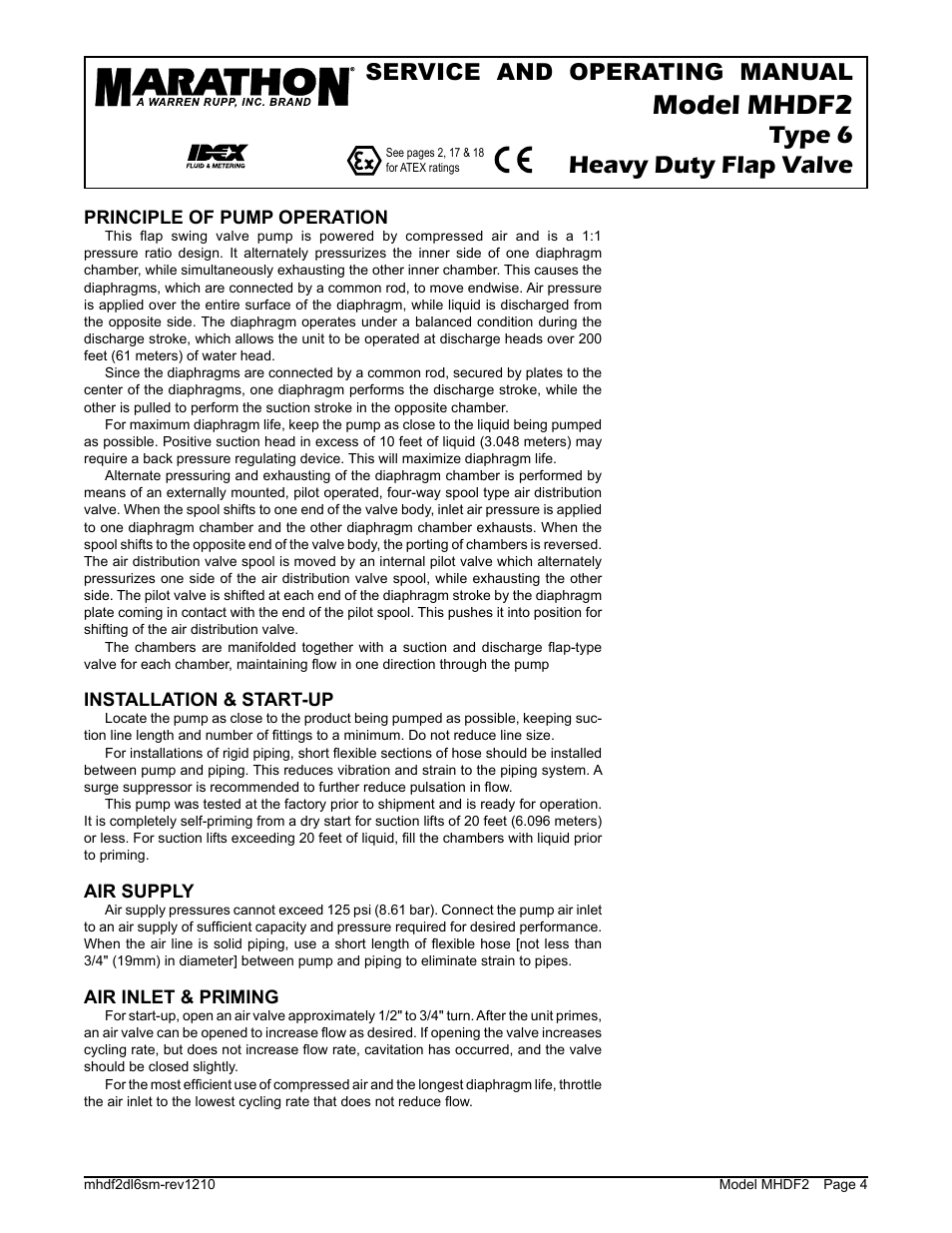 Model mhdf2, Type 6 heavy duty flap valve, Service and operating manual | SANDPIPER MHDF2 User Manual | Page 6 / 20
