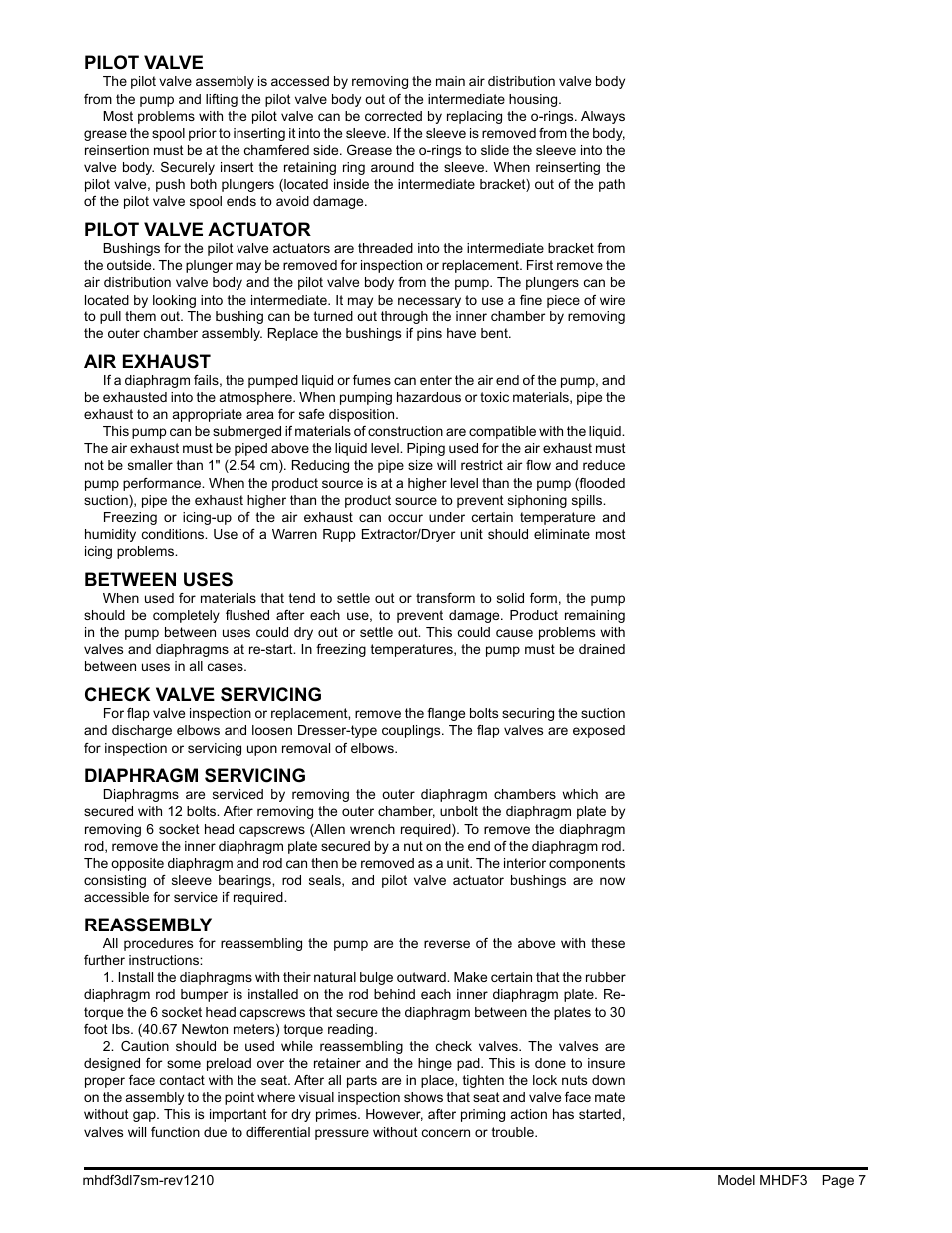 Pilot valve, Pilot valve actuator, Air exhaust | Between uses, Check valve servicing, Diaphragm servicing, Reassembly | SANDPIPER MHDF3 User Manual | Page 9 / 19