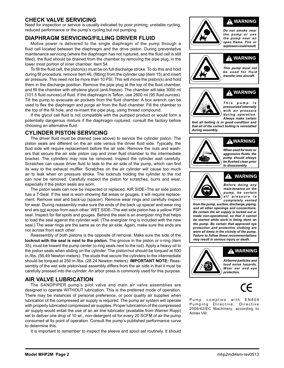 Check valve servicing, Diaphragm servicing/filling driver fluid, Cylinder piston servicing | Air valve lubrication | SANDPIPER MHP2M User Manual | Page 2 / 11