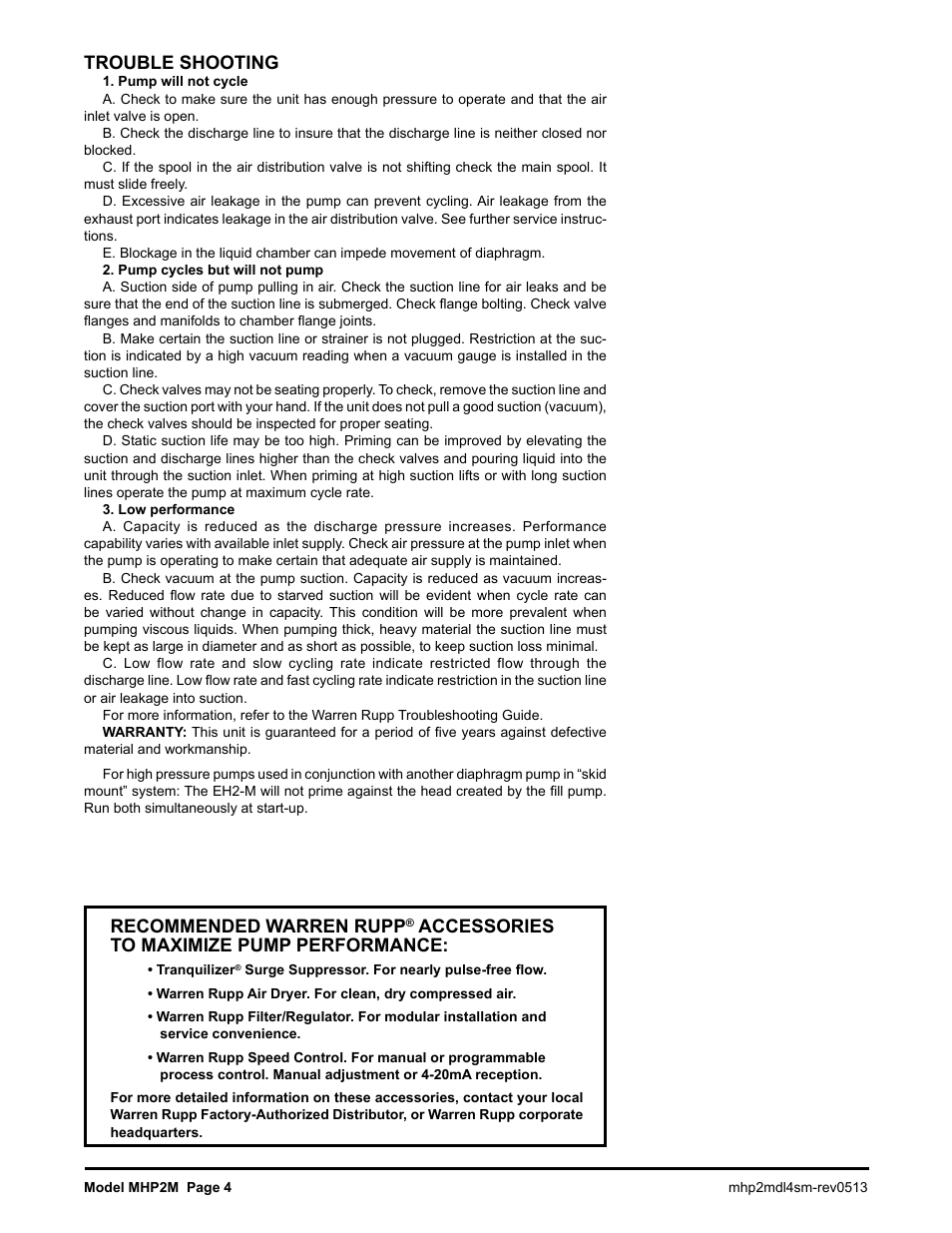 Trouble shooting, Recommended warren rupp, Accessories to maximize pump performance | SANDPIPER MHP2M User Manual | Page 4 / 11