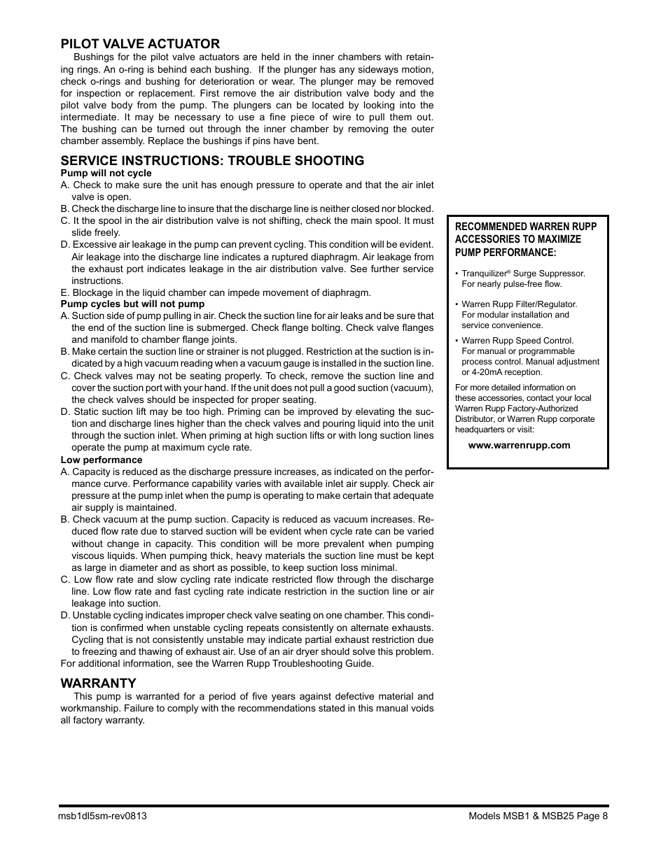 Pilot valve actuator, Service instructions: trouble shooting, Warranty | SANDPIPER MSB25 User Manual | Page 10 / 21