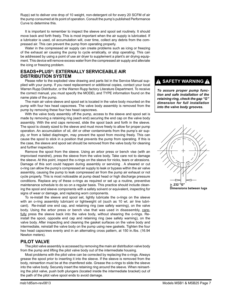 Esads+plus, Externally serviceable air distribution system, Pilot valve | Safety warning | SANDPIPER MSB25 User Manual | Page 9 / 21