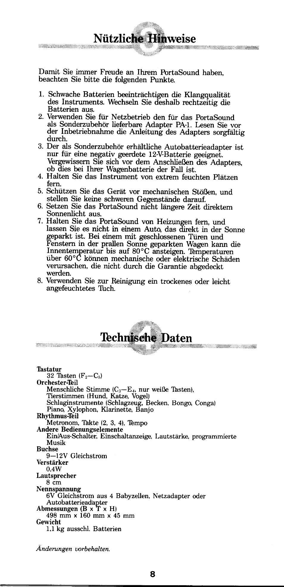 Nützliche hinweise, Technische daten | Yamaha PSS-110 User Manual | Page 5 / 6