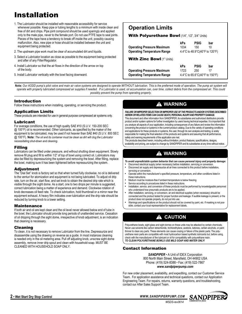 Installation, Operation limits, Caution | Warning | SANDPIPER Air Lubricators User Manual | Page 2 / 4
