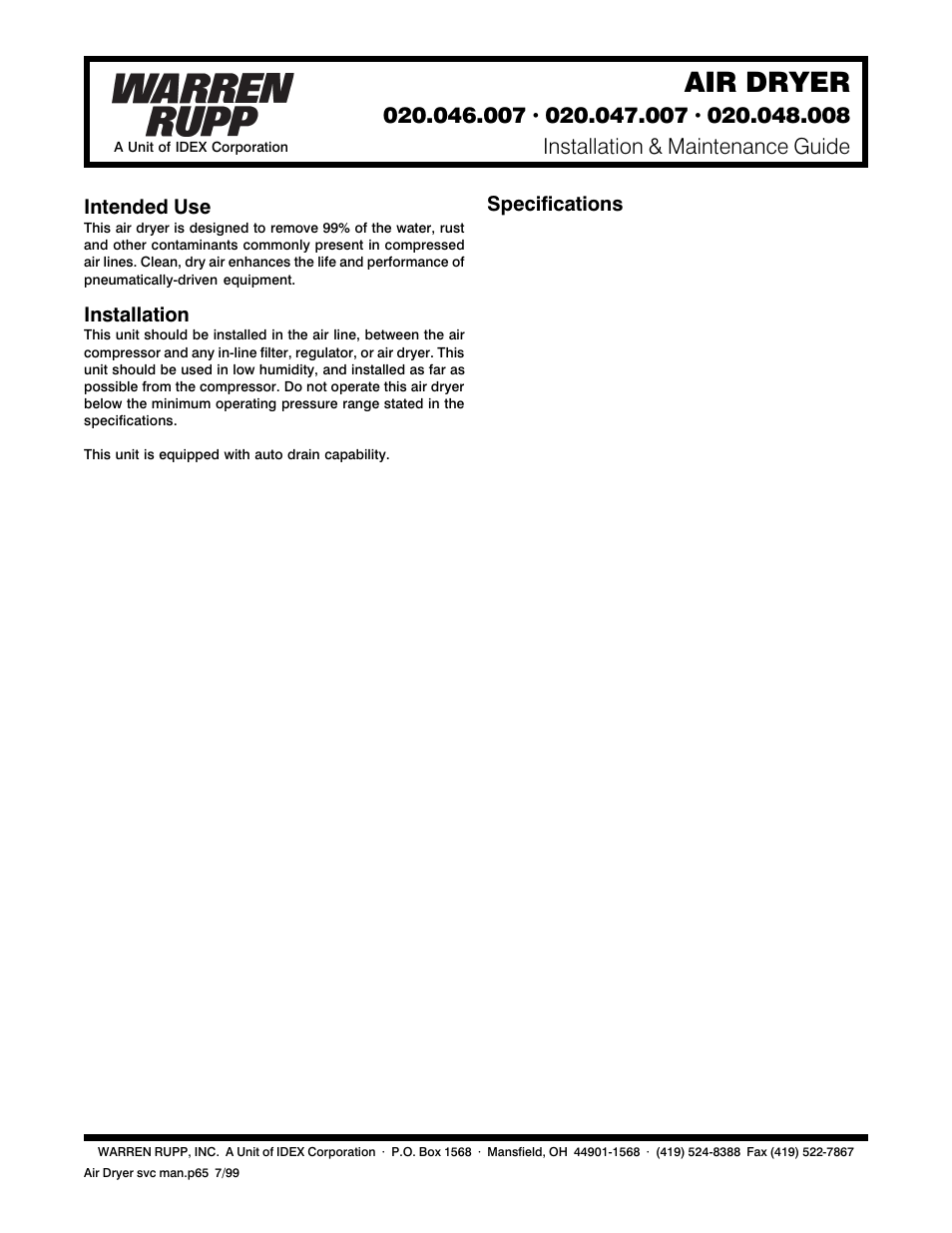 SANDPIPER AIR DRYER User Manual | 2 pages