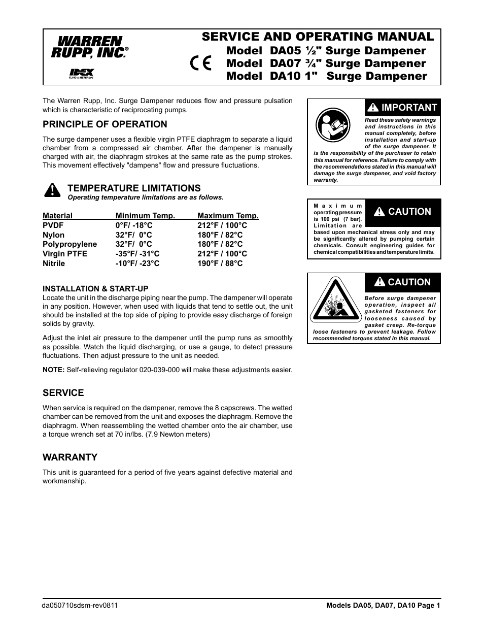 Service and operating manual, Principle of operation, Temperature limitations | Service, Warranty, Caution important, Caution | SANDPIPER DA10 User Manual | Page 3 / 8