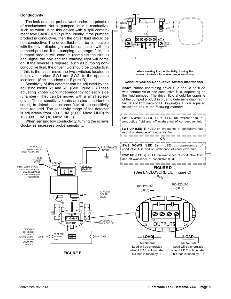 Load, Outputs, 5a 250v | C6 c5, C7 1, Cr1 cr2 | SANDPIPER ELECTRONIC LEAK DETECTOR 032-037-000, 032-043-000 User Manual | Page 5 / 5