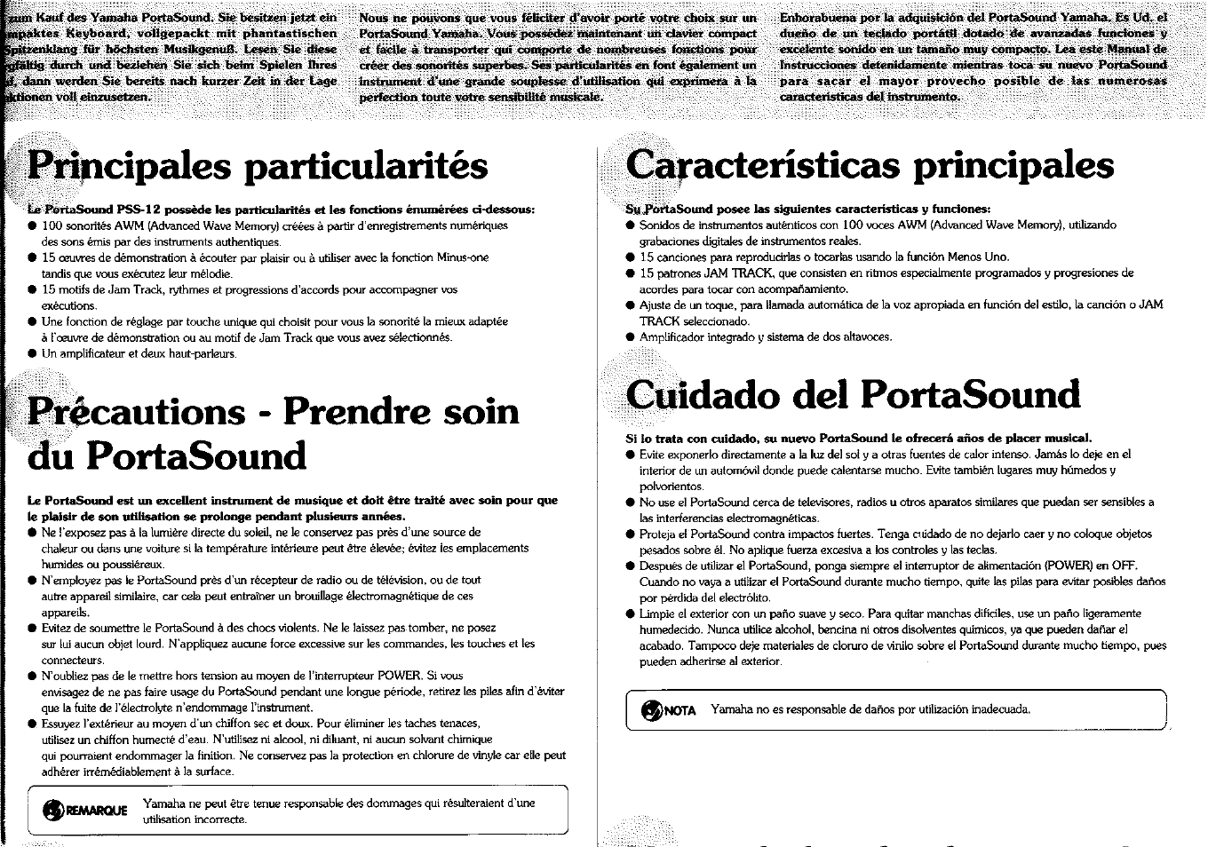 Principales particularités, Précautions - prendre soin du portasound, Características principales | Cuidado del portasound | Yamaha PSS-12 User Manual | Page 2 / 16