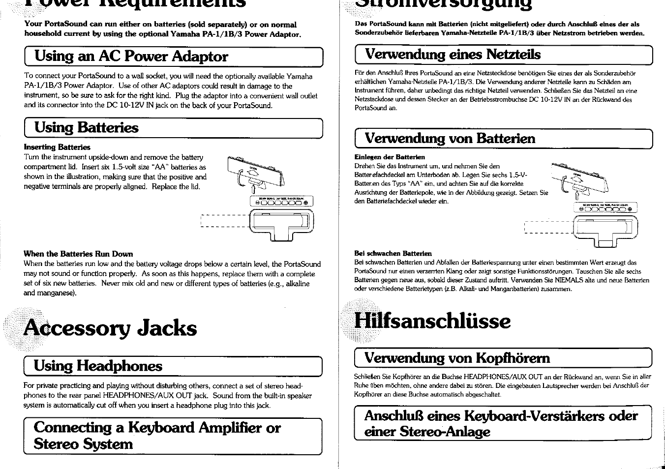 Using an ac power adaptor, Using batteries, Accessory jacks | Using headphones, Connecting a keyboard amplifier or stereo system, Verwendung eines netztefe, Verwendung von batterien, Hilfsanschlüsse, Verwendung von kopfiiörem | Yamaha PSS-12 User Manual | Page 3 / 16