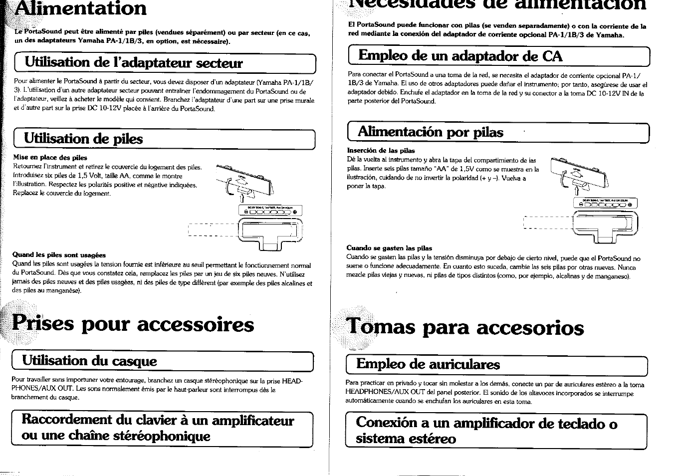 Prises pour accessoires, Utilisation du casque, Inei.,«sa>iu<iut5s u<¿ ctiiiiifsiiiacion | Allmentadón por pilas, Tomas para accesorios, Empleo de auriculares, Kalimentation, Utilisation de tadaptateur secteur, Utilisation de piles, Empleo de un adaptador de ca | Yamaha PSS-12 User Manual | Page 4 / 16