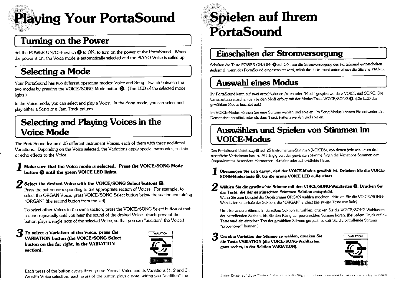 Playing your portasound, Turning on the power, Spielen auf ihrem portasound | Selecting a mode, Selecting and playing voices in the voice mode, Einschahen der stromversorgung, Auswahl eines modus, Auswahl^ und spielen von stimmen im voice-modus | Yamaha PSS-12 User Manual | Page 9 / 16