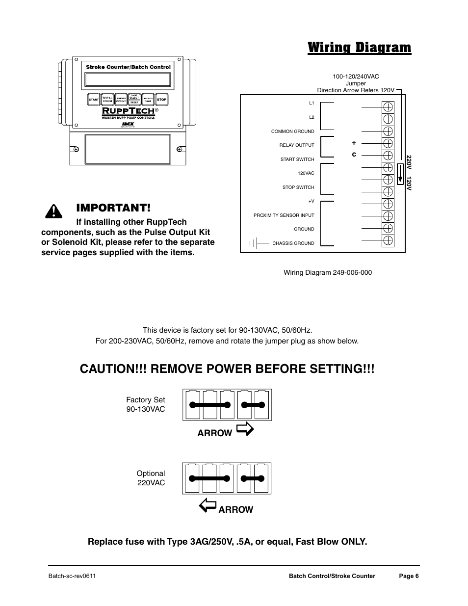 Wiring diagram, Caution!!! remove power before setting, Important | SANDPIPER RuppTech Stroke Counter/Batch Control User Manual | Page 6 / 7