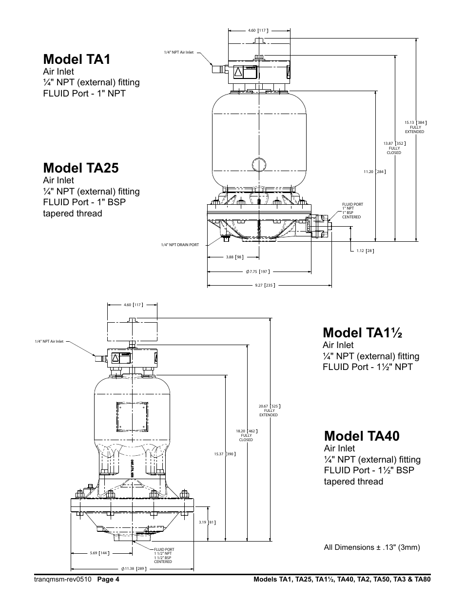 Model ta1, Model ta40, Model ta25 | SANDPIPER Tranquilizer TA80 User Manual | Page 6 / 18