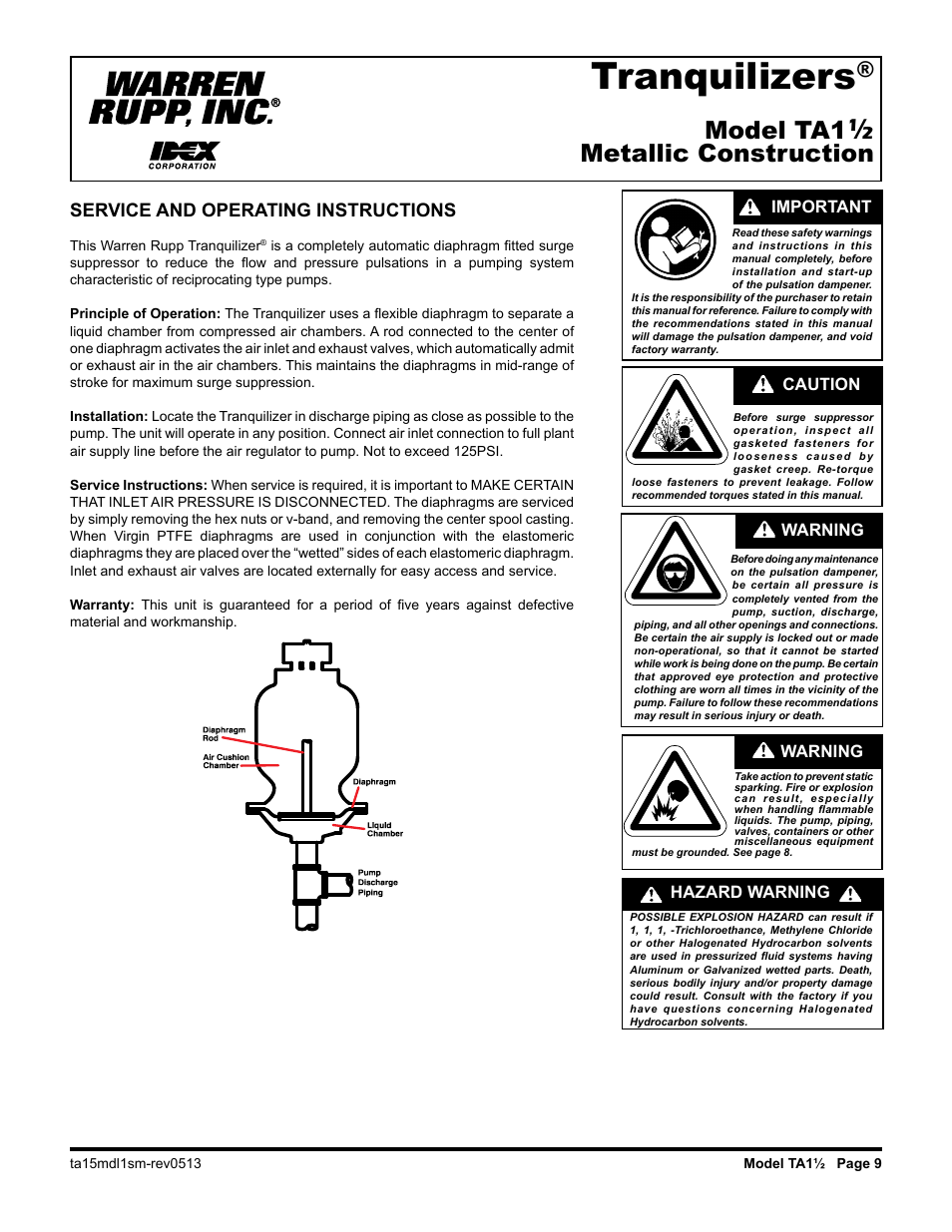 Tranquilizers, Model ta1, Metallic construction | Service and operating instructions, Caution important, Warning, Hazard warning | SANDPIPER Tranquilizer TA1 1/2 User Manual | Page 11 / 19