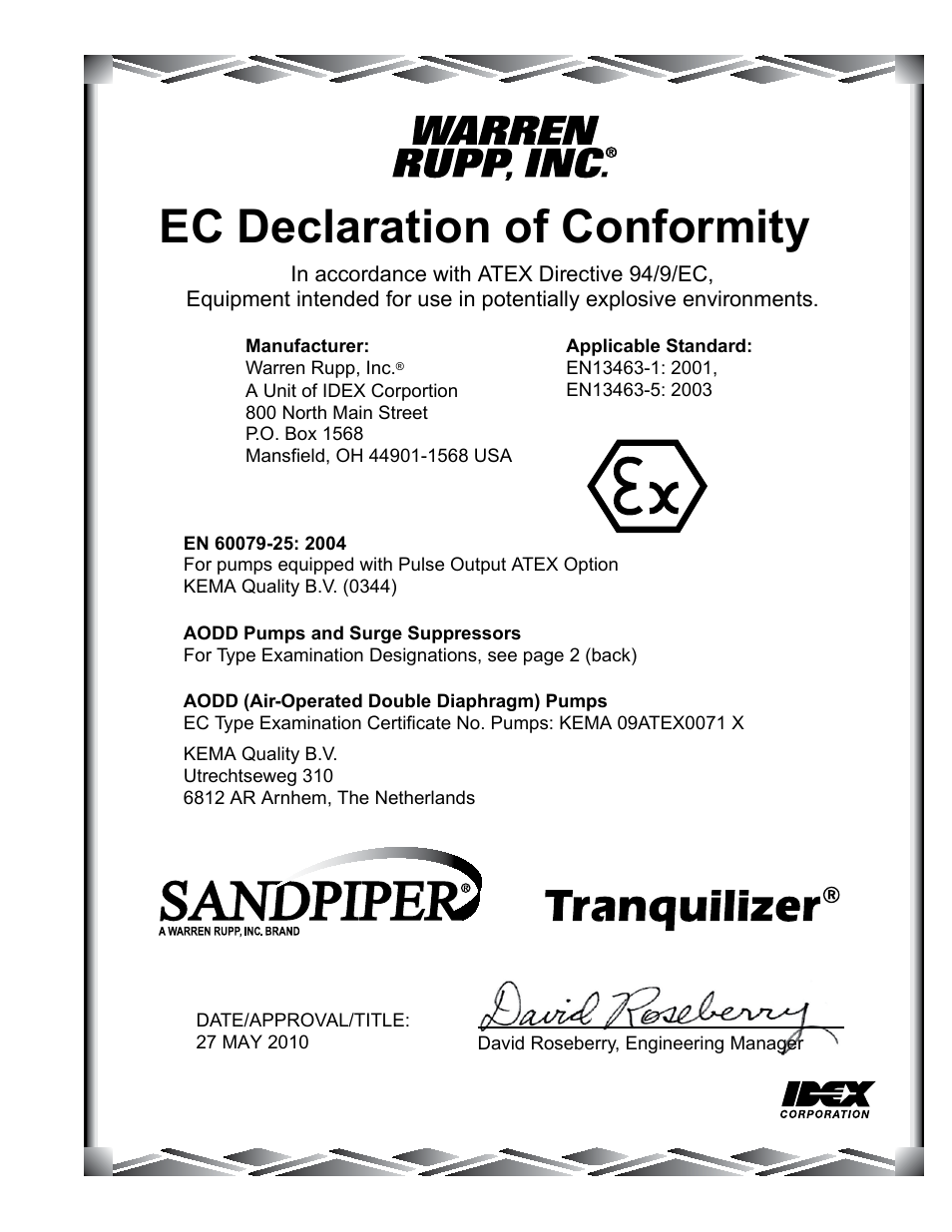 Ec declaration of conformity | SANDPIPER Tranquilizer TA1 1/2 User Manual | Page 17 / 19