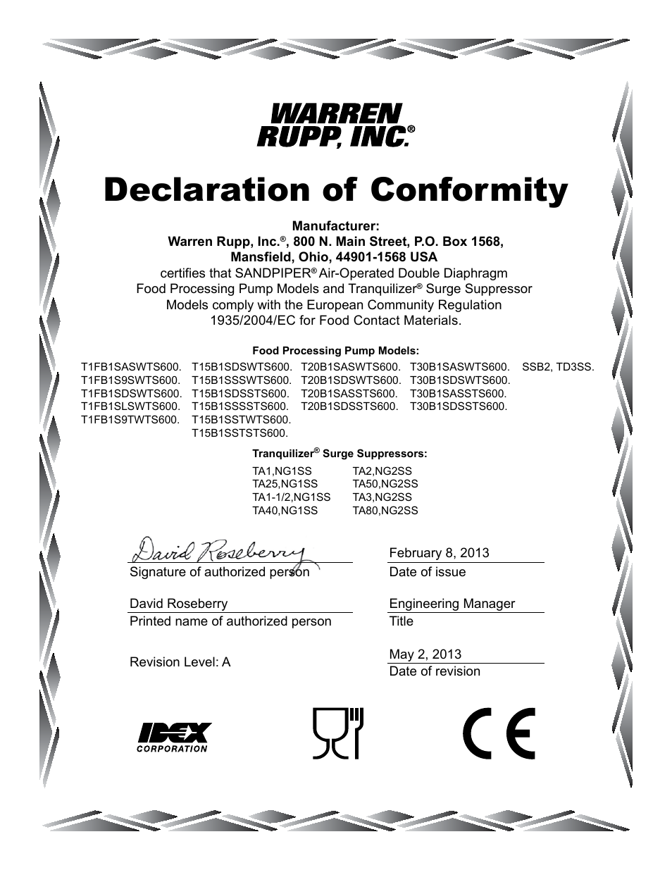 Declaration of conformity | SANDPIPER Tranquilizer TA1 1/2 User Manual | Page 19 / 19