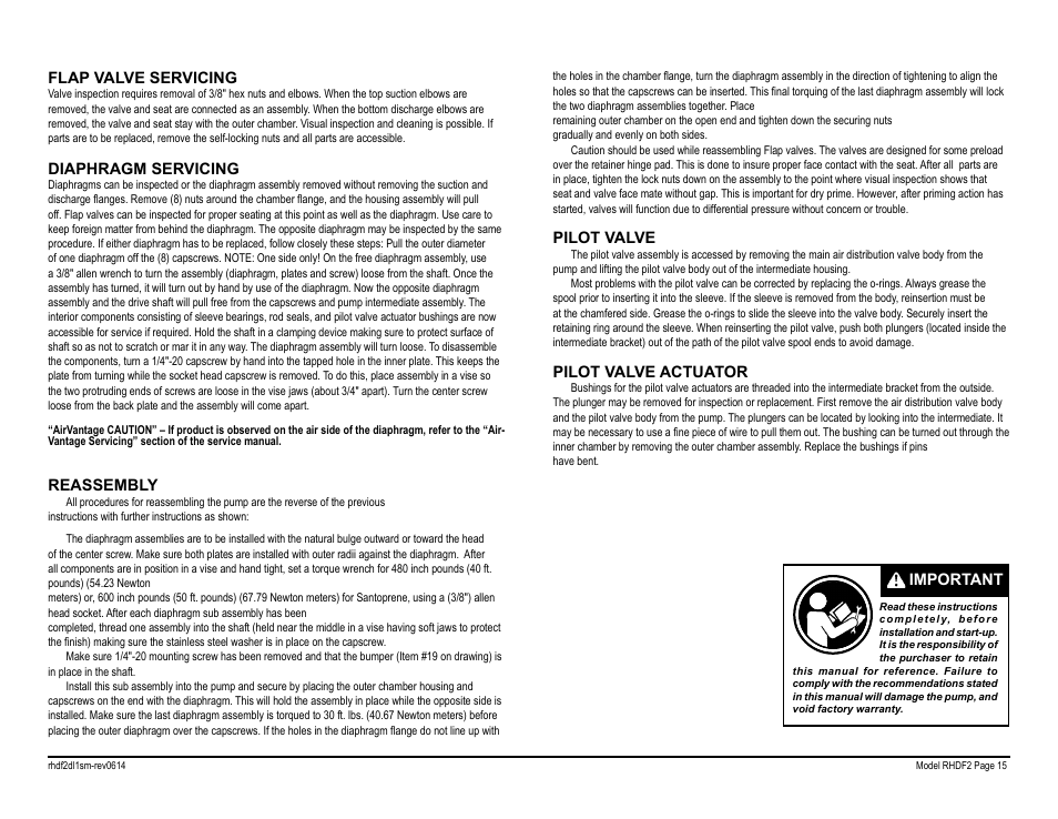 Important flap valve servicing, Diaphragm servicing, Reassembly | Pilot valve, Pilot valve actuator | SANDPIPER RHDF2 Metallic User Manual | Page 17 / 36