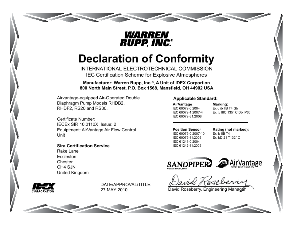 Declaration of conformity | SANDPIPER RHDF2 Hazardous Duty User Manual | Page 38 / 38