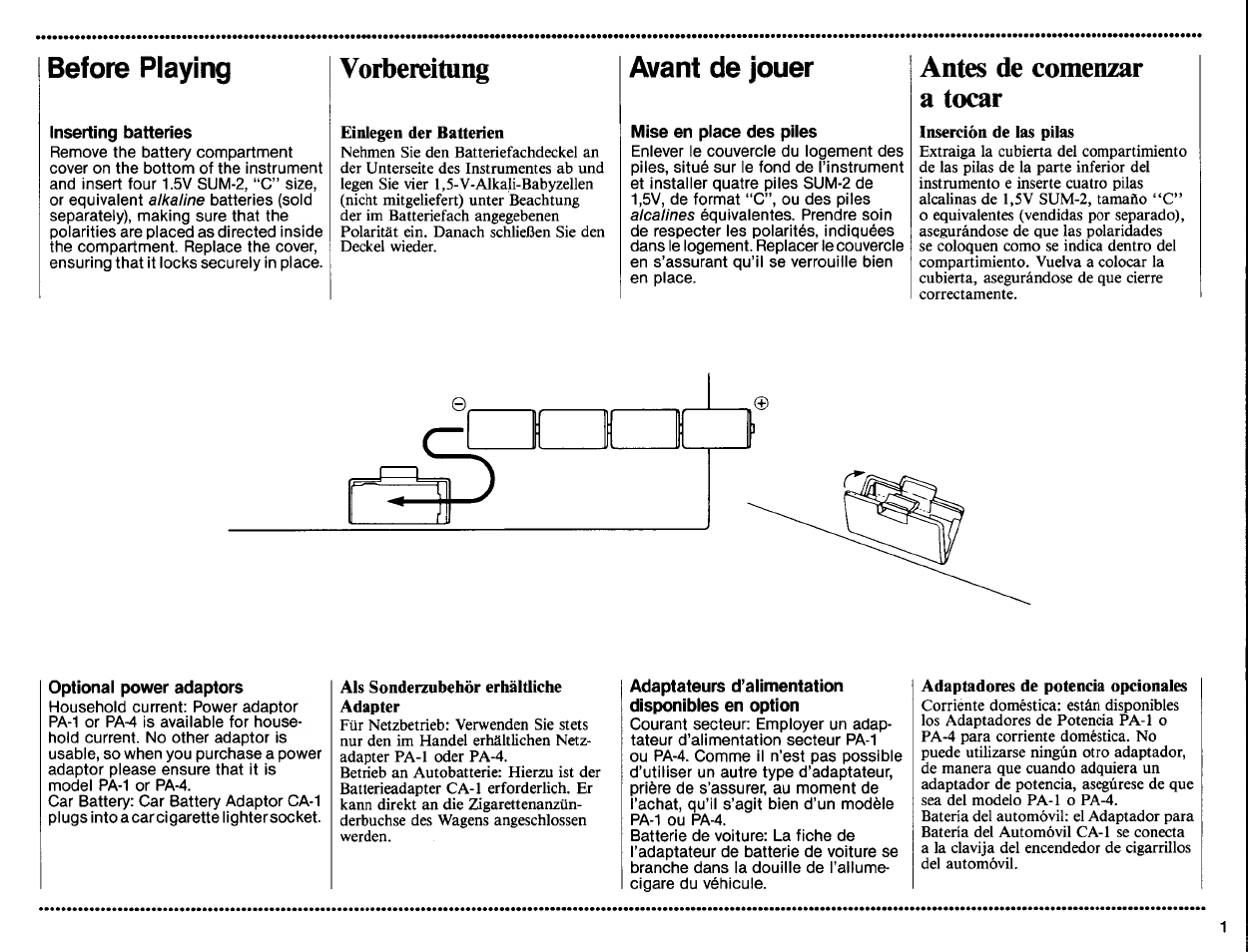 Before playing, Inserting batteries, Einlegen der batterien | Avant de jouer, Mise en place des piles, Optional power adaptors, Als sonderzubehör erhältliche adapter, Adaptateurs d’alimentation disponibles en option, Adaptadores de potencia opcionales, Alkaline | Yamaha PSS-120 User Manual | Page 3 / 12