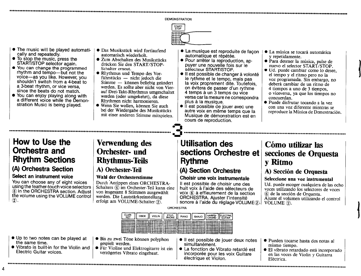 Select an instrument voice, A) orchester-teil, Choisir une voix instrumentale | A) sección de orquesta, Verwendung des orchester- und rhythmus-teils, Cómo utilizar las secciones de orquesta y ritmo | Yamaha PSS-120 User Manual | Page 6 / 12