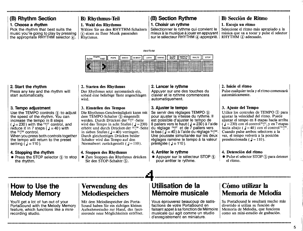 Choose a rhythm, B) rhythmus-teil, Choisir un rythme | B) sección de ritmo, Start the rhythm, Tempo adjustment, Stopping the rhythm, Lancer le rythme, Ajuster le tempo, Arrêter le rythme | Yamaha PSS-120 User Manual | Page 7 / 12