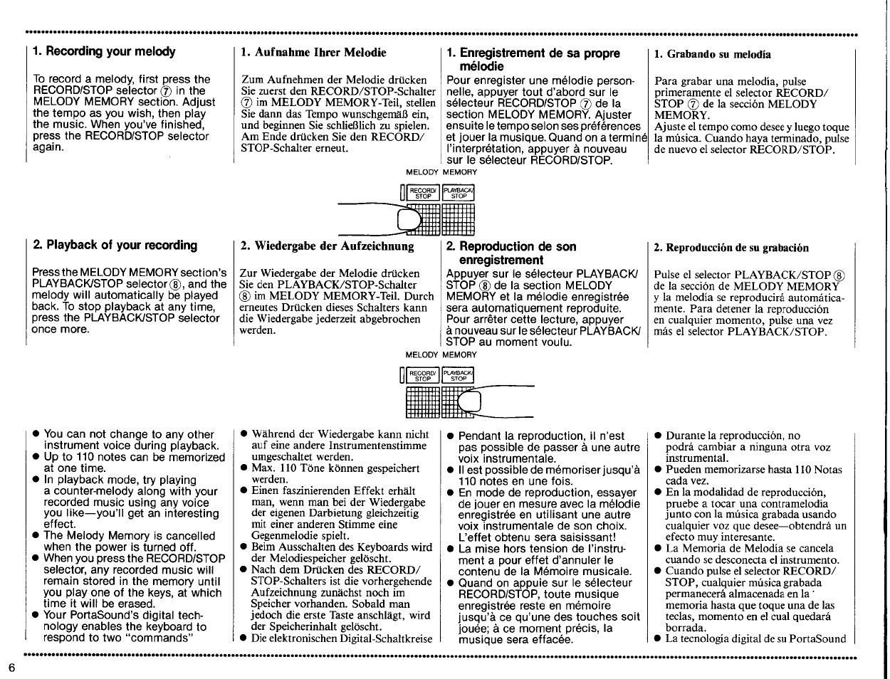 Playback of your recording, Enregistrement de sa propre mélodie, Reproduction de son enregistrement | Yamaha PSS-120 User Manual | Page 8 / 12