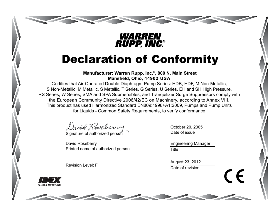 Declaration of conformity | SANDPIPER RHDB2 Hazardous Duty User Manual | Page 36 / 38