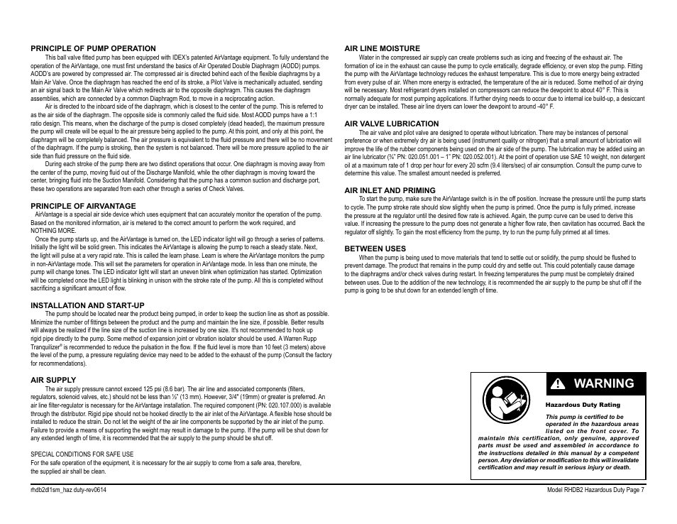 Warning | SANDPIPER RHDB2 Hazardous Duty User Manual | Page 9 / 38