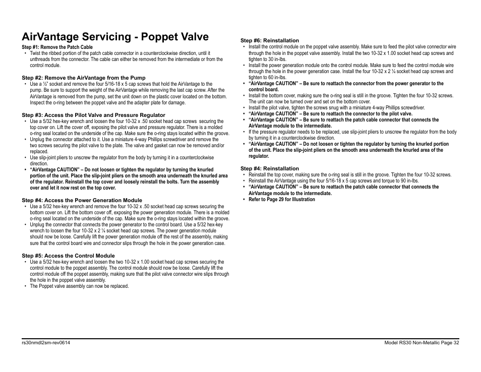 Airvantage servicing - poppet valve | SANDPIPER RS30 Non-Metallic User Manual | Page 34 / 38