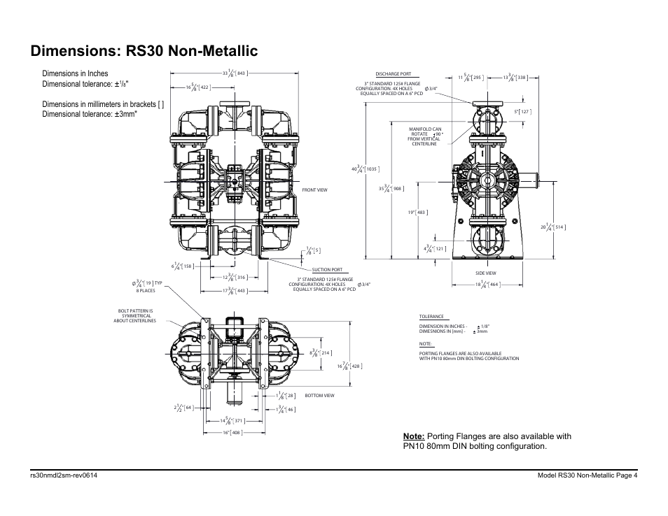 Dimensions: rs30 non-metallic, Dimensions in inches dimensional tolerance | SANDPIPER RS30 Non-Metallic User Manual | Page 6 / 38