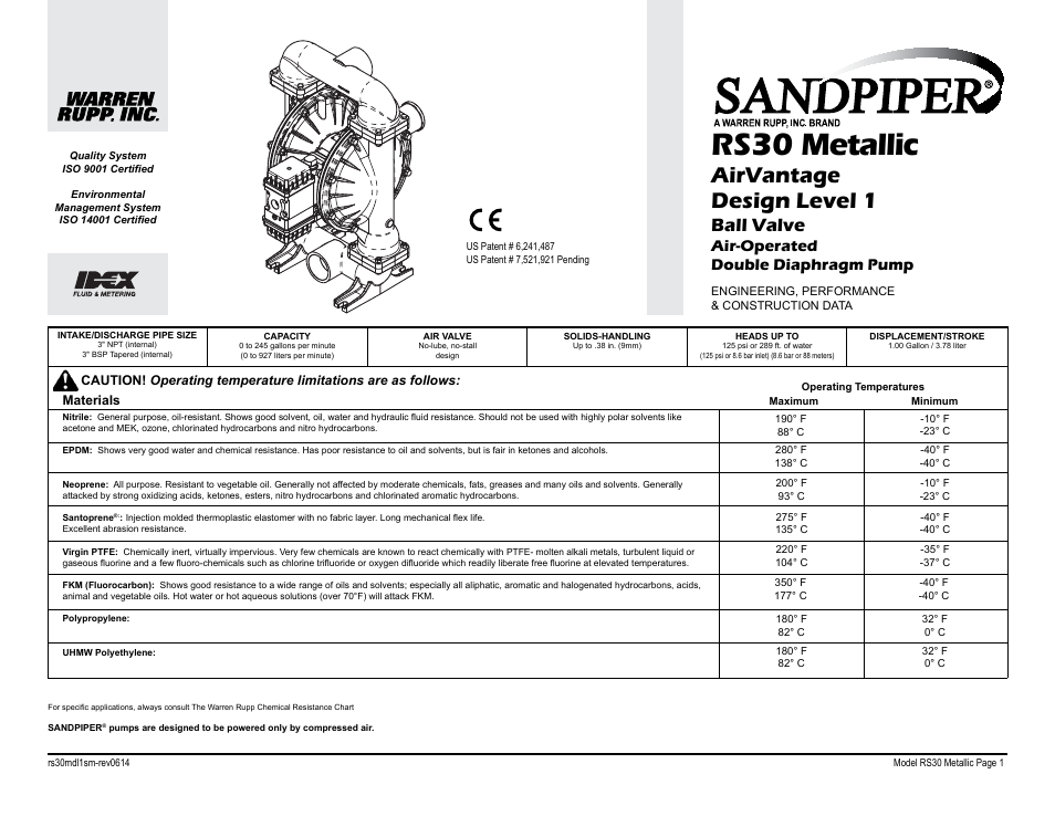 Rs30 metallic, Airvantage design level 1, Ball valve | Air-operated double diaphragm pump | SANDPIPER RS30 Metallic User Manual | Page 3 / 36