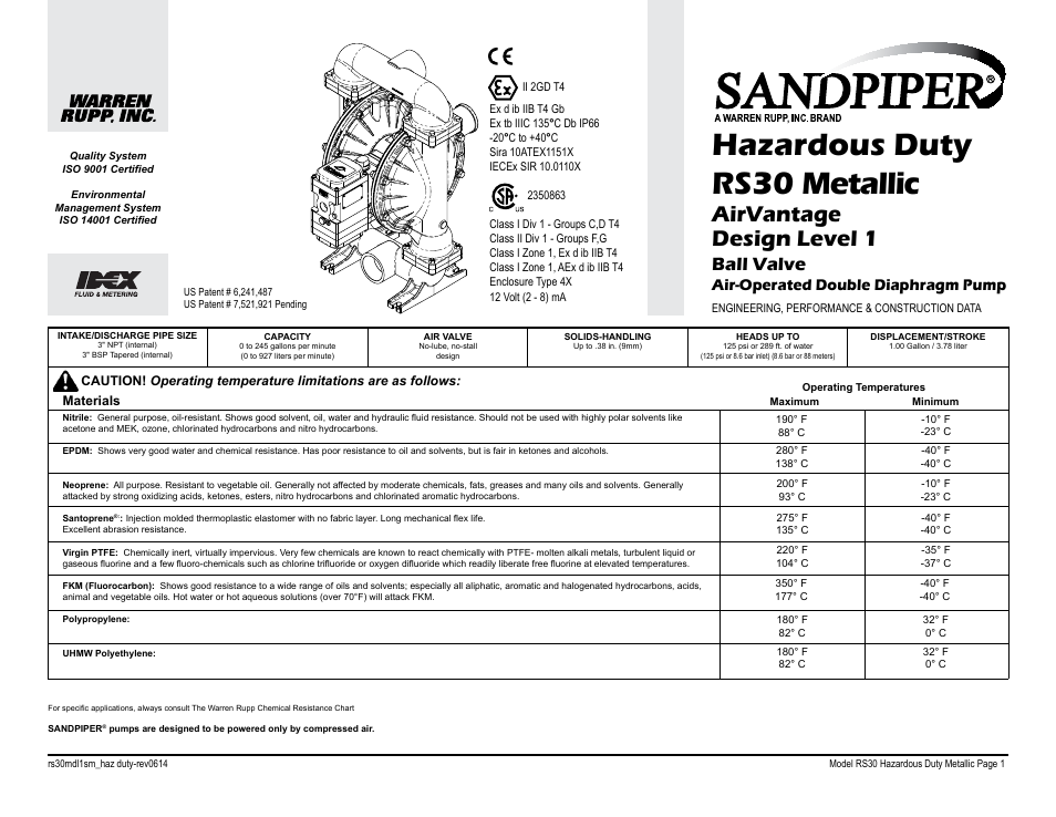 Hazardous duty rs30 metallic, Airvantage design level 1, Ball valve | Air-operated double diaphragm pump | SANDPIPER RS20 Metallic User Manual | Page 3 / 38