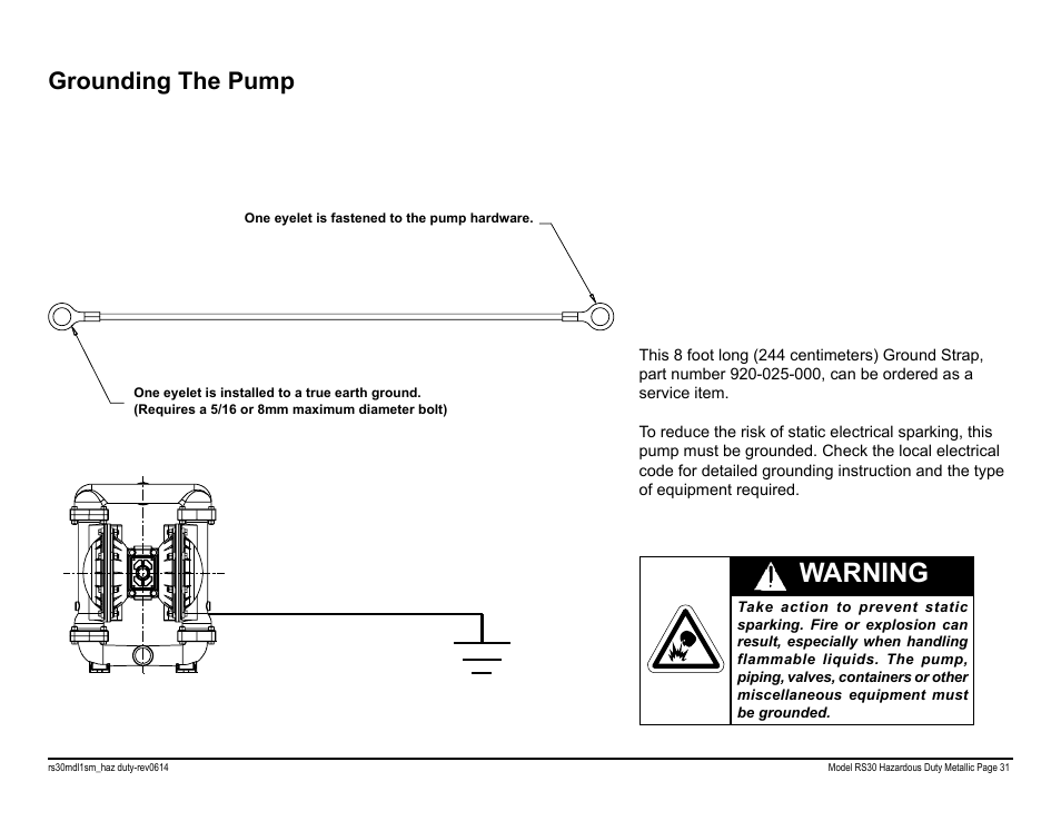 Warning, Grounding the pump | SANDPIPER RS20 Metallic User Manual | Page 33 / 38