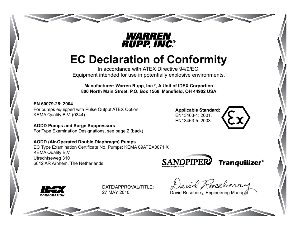 Ec declaration of conformity | SANDPIPER RS20 Metallic User Manual | Page 37 / 38