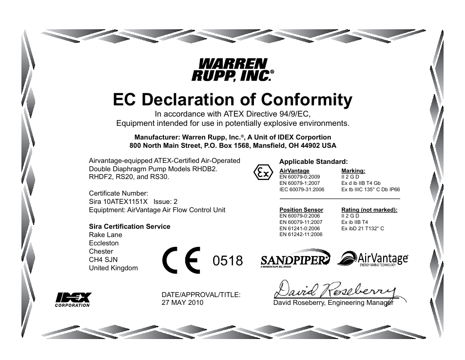 Ec declaration of conformity | SANDPIPER RS20 Metallic User Manual | Page 38 / 38