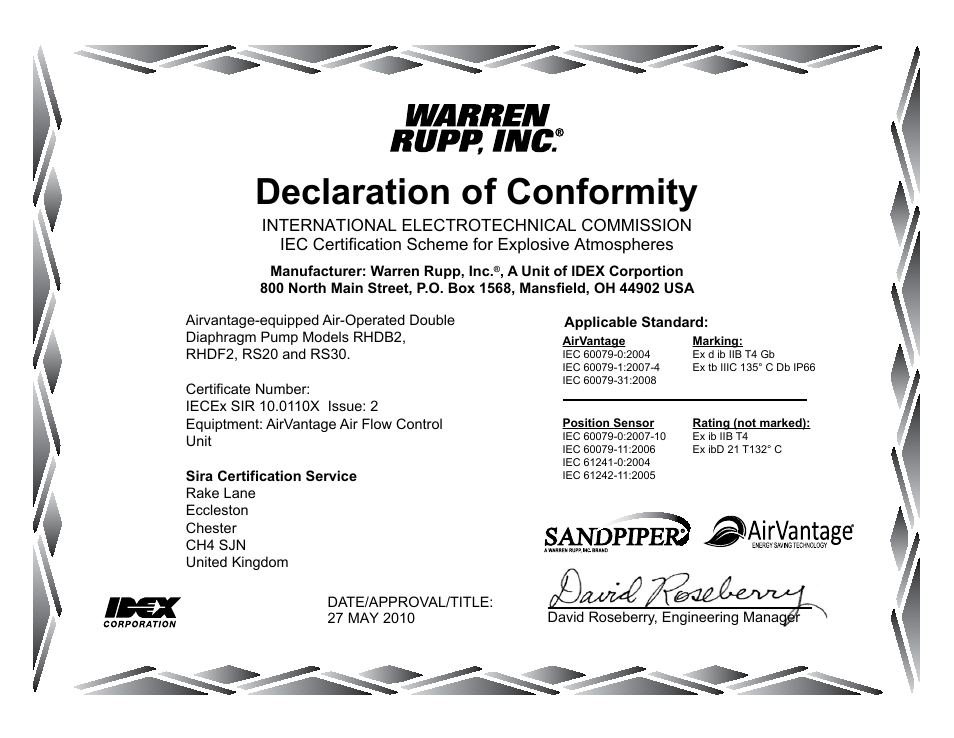 Declaration of conformity | SANDPIPER RS20 Hazardous Duty User Manual | Page 38 / 38