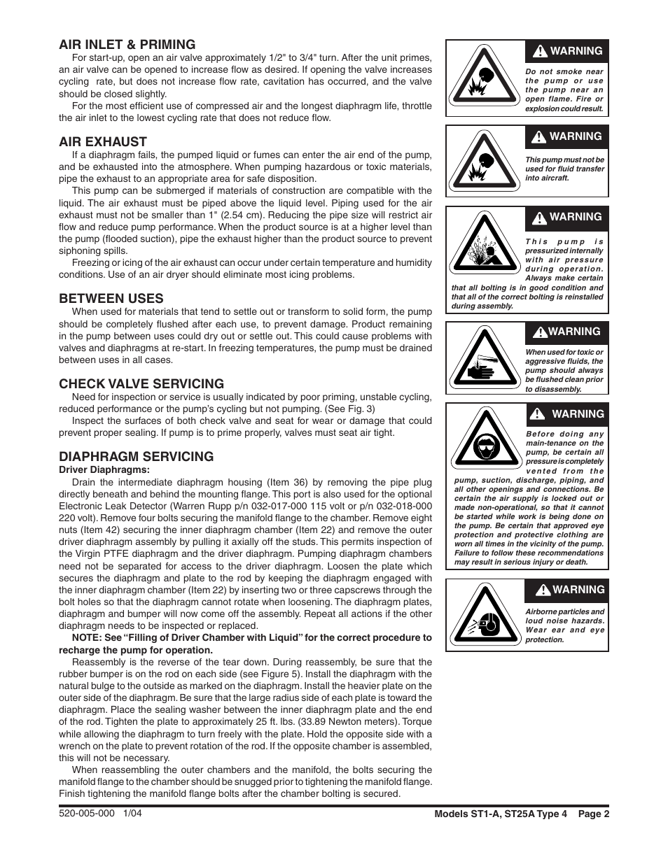 Air inlet & priming, Air exhaust, Between uses | Check valve servicing, Diaphragm servicing | SANDPIPER ST25A User Manual | Page 2 / 10