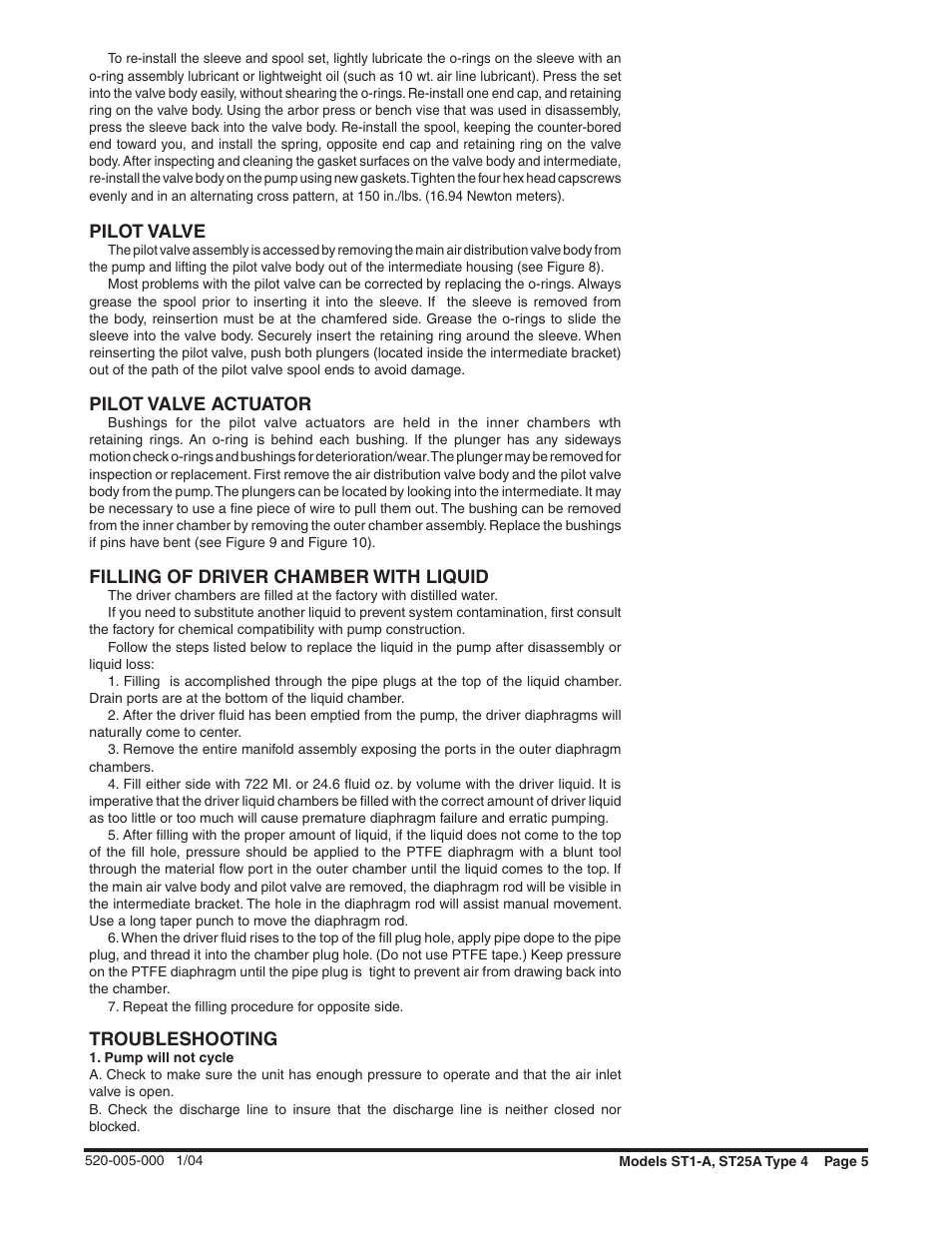 Pilot valve, Pilot valve actuator, Filling of driver chamber with liquid | Troubleshooting | SANDPIPER ST25A User Manual | Page 5 / 10