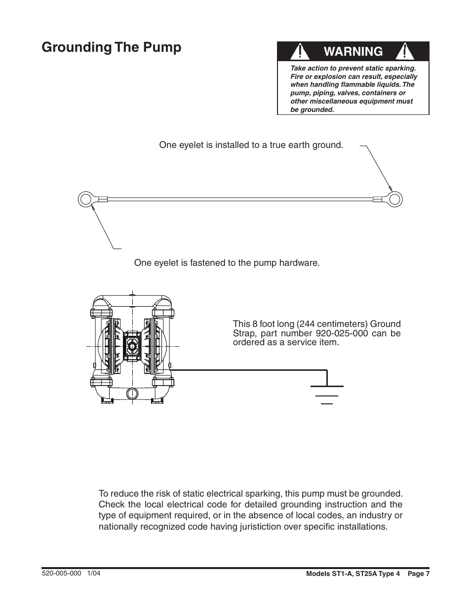 Grounding the pump, Warning | SANDPIPER ST25A User Manual | Page 7 / 10