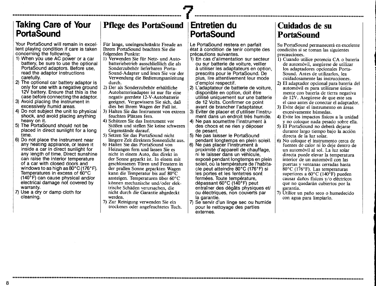 Taking care of your portasound, Entretien du portasound, Pflege des portasound | Cuidados de su portasound | Yamaha PSS-130 User Manual | Page 10 / 12