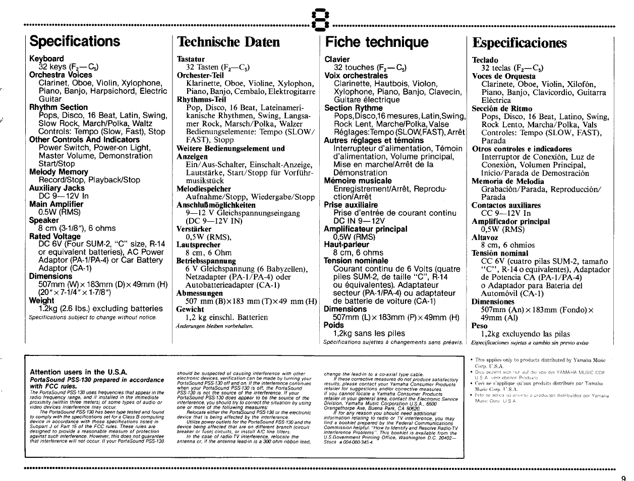 Specifications, Keyboard, Orchestra voices | Rhythm section, Speaker, Dimensions, Weight, Fiche technique, Clavier, Voix orchestrales | Yamaha PSS-130 User Manual | Page 11 / 12