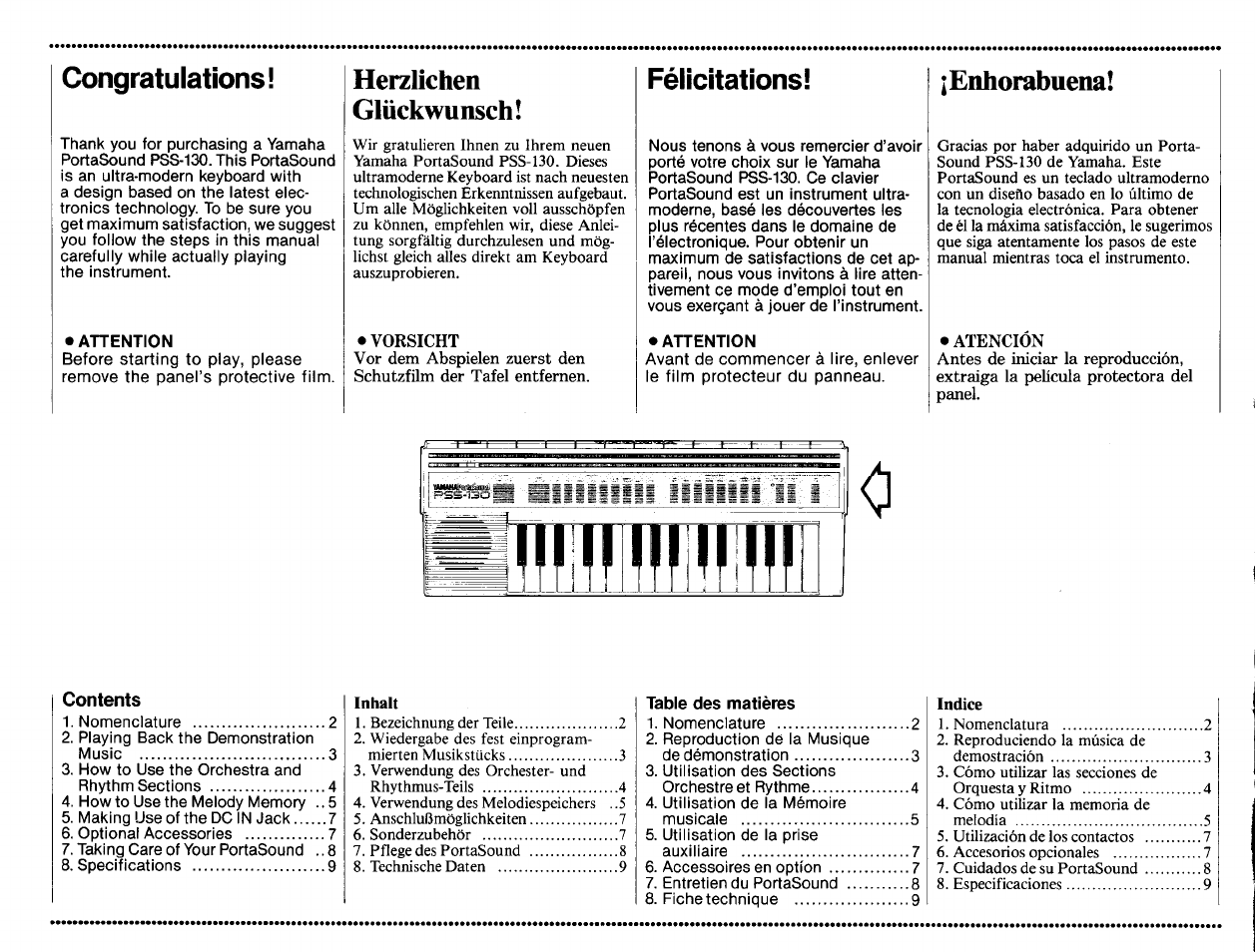 Congratulations, Félicitations, Herzlichen glückwunsch | Enhorabuena | Yamaha PSS-130 User Manual | Page 2 / 12