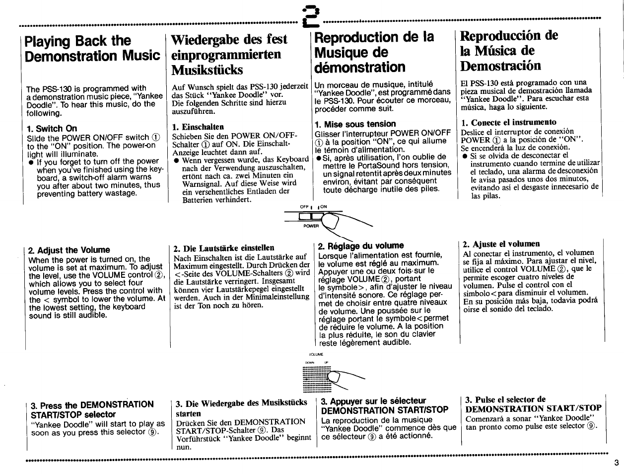 Playing back the demonstration music, Switch on, Adjust the volume | Einschalten, Reproduction de la musique de démonstration, Mise sous tension, Dìe lautstärke einstellen, Réglage du volume, Conecte el ínstramento, Ajuste el volumen | Yamaha PSS-130 User Manual | Page 5 / 12