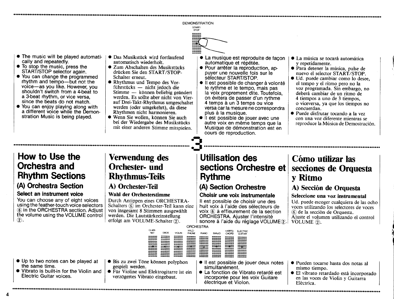 Select an instrument voice, A) orchester-teil, Choisir une voix instrumentale | A) sección de orquesta, Verwendui^ des orchester- und rhythmus-teils, Cómo utilizar las secciones de orquesta y ritmo | Yamaha PSS-130 User Manual | Page 6 / 12